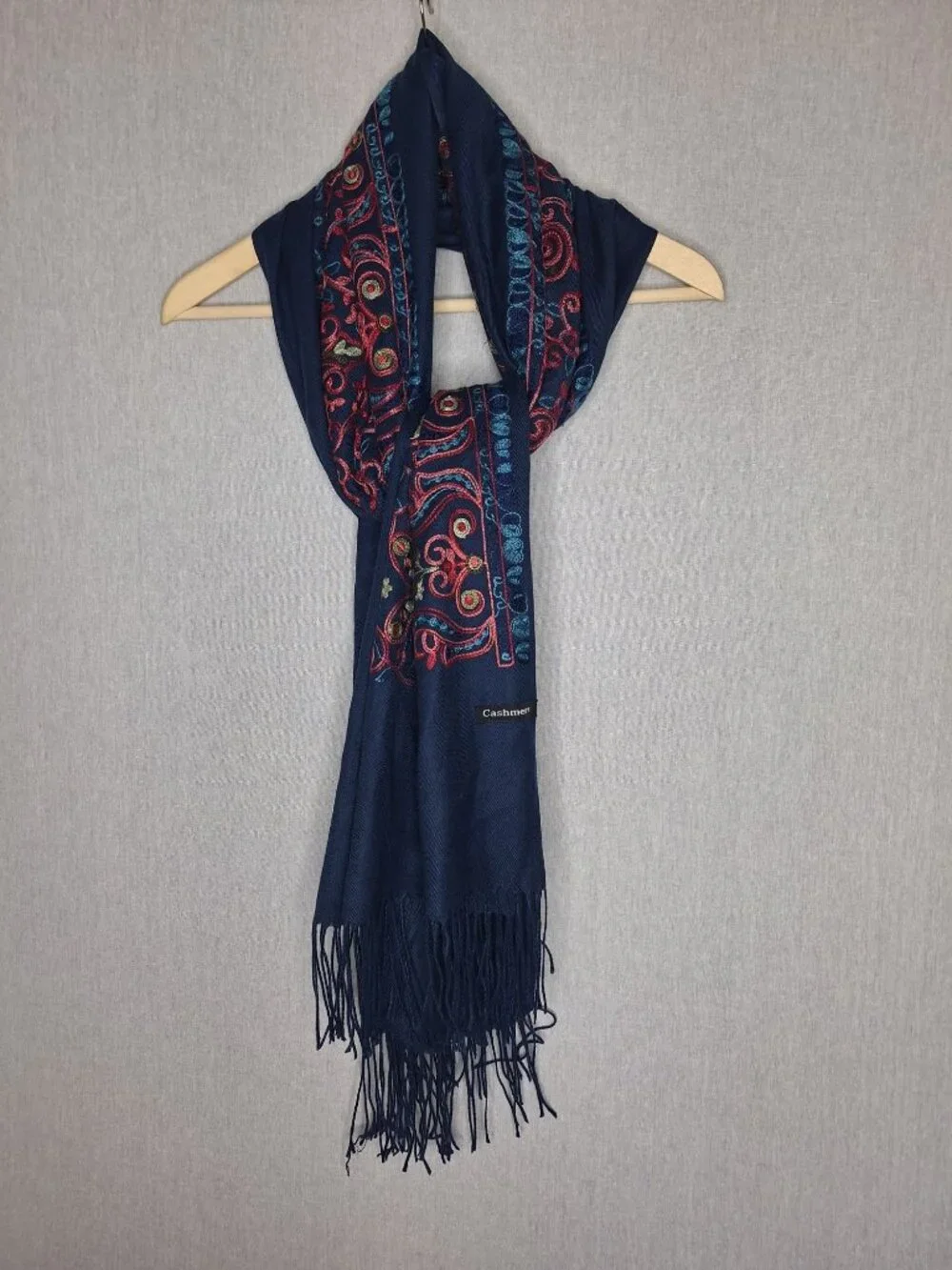 💙 Cashmere Label Oversized Navy Embroidered Paisley Pashmina Scarf Shawl Fringe